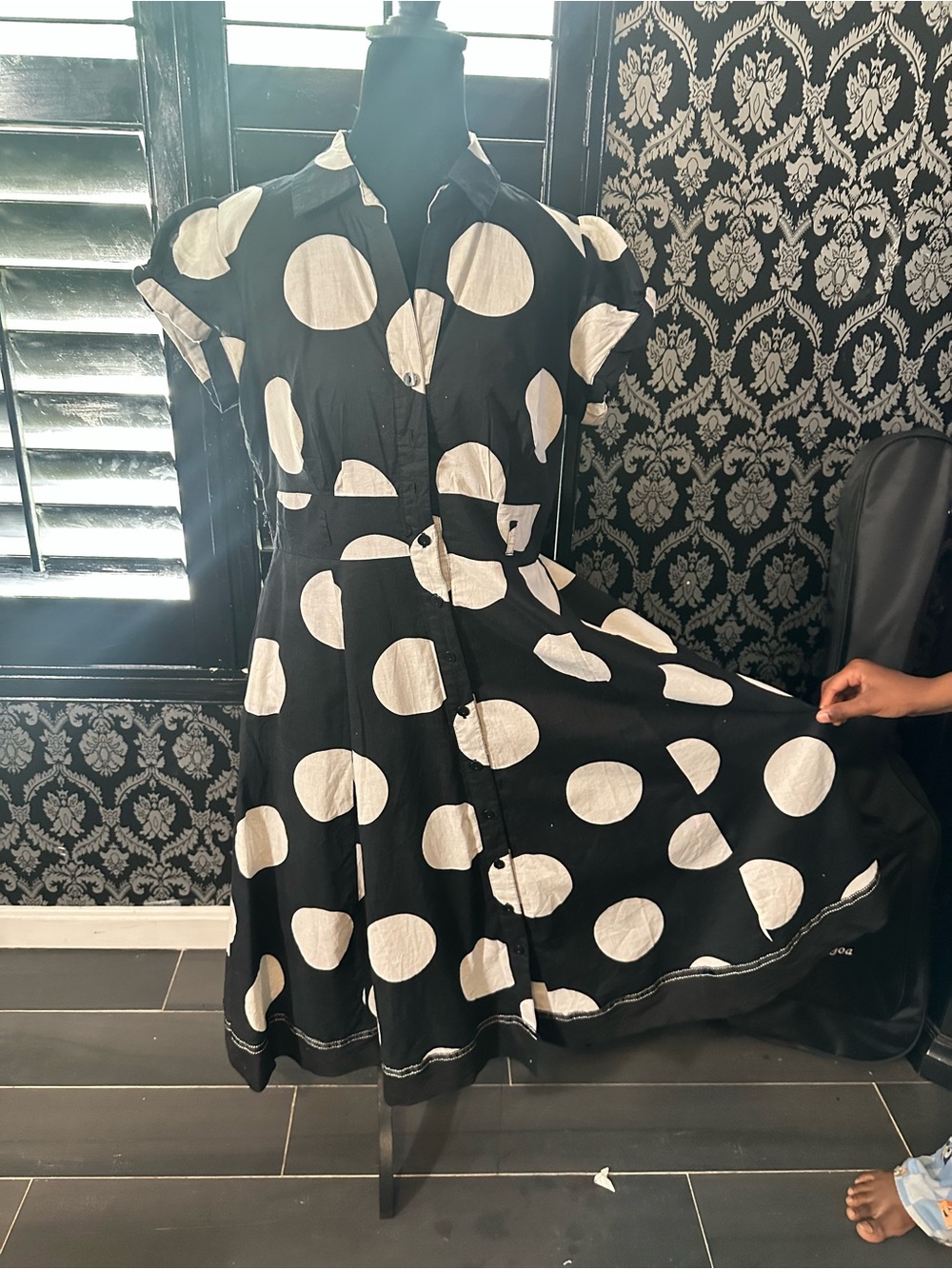 Black Polka Dot Button-Front Dress. Missing belt, has deep pockets on both sides